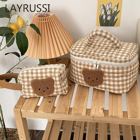 Kawaii Gingham Teddy Bear Cosmetics Bag