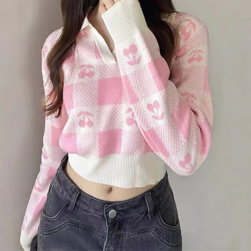 Gingham Cherry Collared Sweater