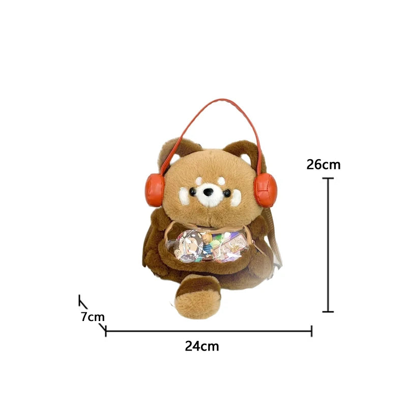 Plush red panda with headphones and asee through, shown with measurements on a white background