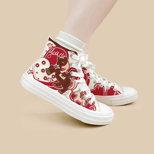A pair of high-top canvas sneakers with a red and cream graphic design featuring a cartoon pegasus shown on a model's feet against a solid beige background.