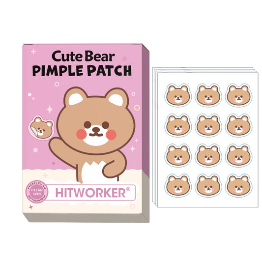 cute bear pimple patches, with a kawaii bear design on the packaging waving on a purple background, next to the packaging it shows the cute bear pimple patches on sticker sheets, this is all displayed on a white background.