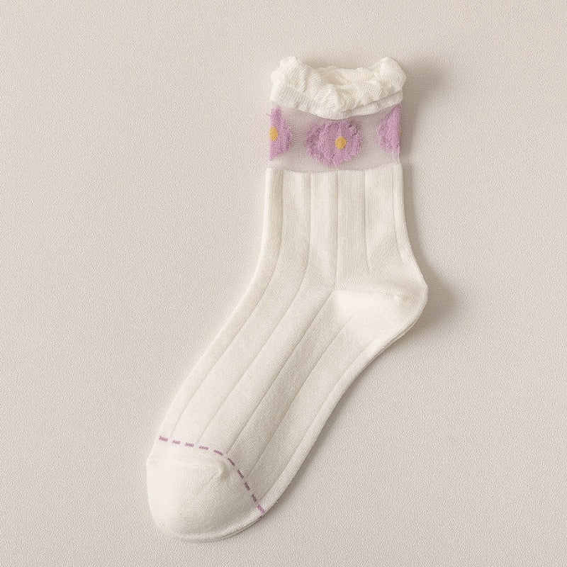 Kawaii White and Purple Floral Sock