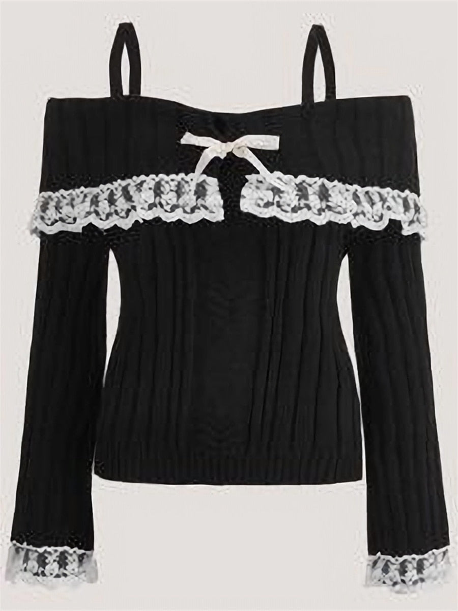 Kawaii Off Shoulder Knit Top in Black