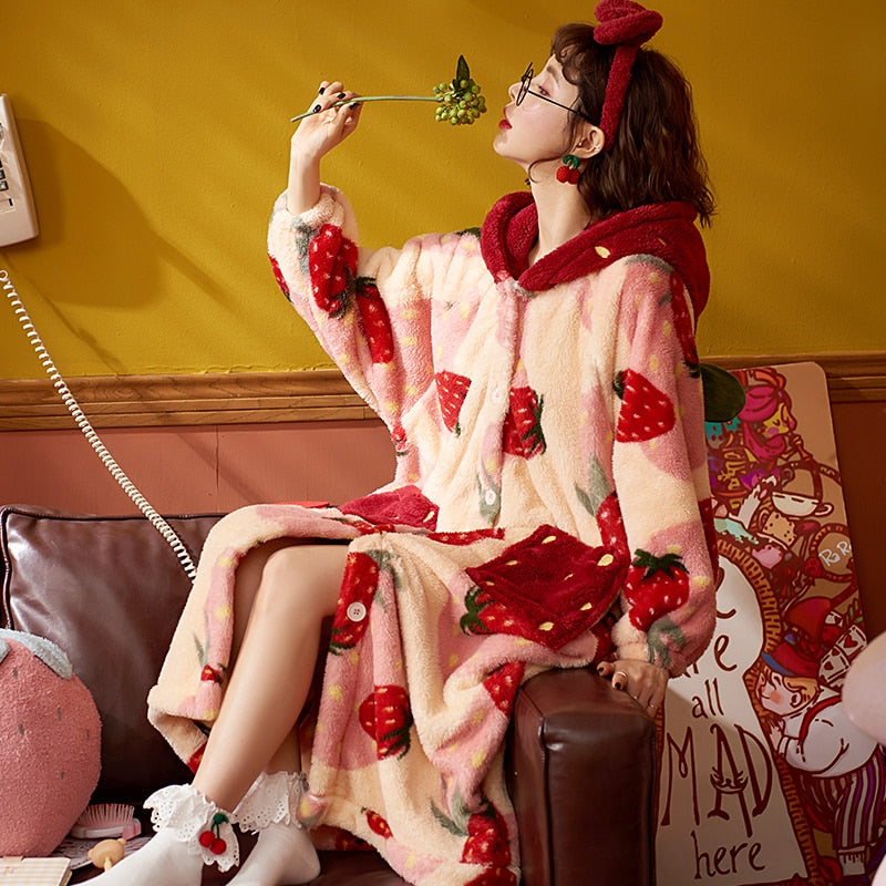 Kawaii Strawberry Print Hooded Robe