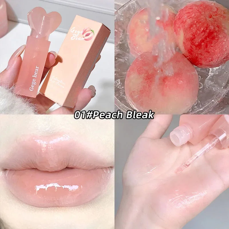 Collage of a cosmetic product, peaches, and a close-up of lips with the product applied.