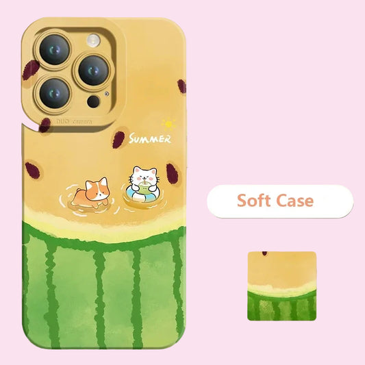 Phone case with watermelon design and cartoon cats, labeled 'Soft Case'.