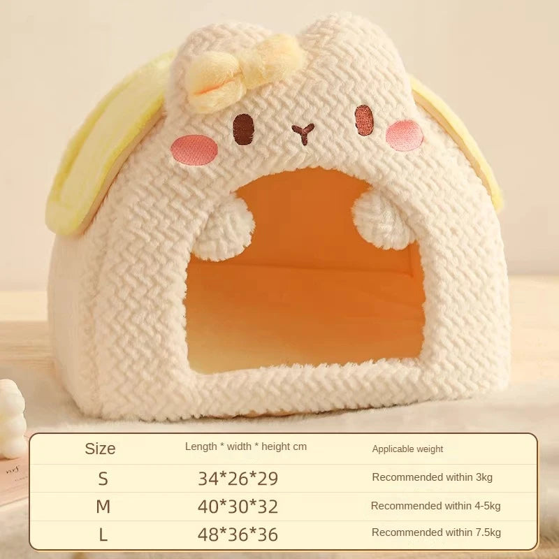 Cute plush pet house with ears and face on a light background, featuring size chart.