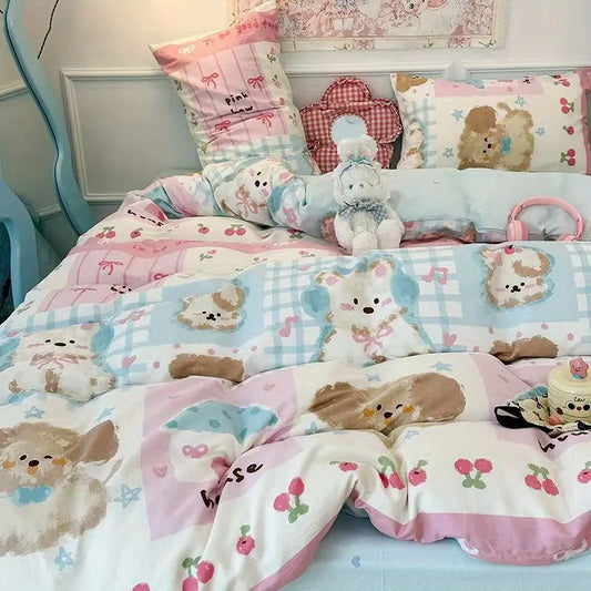 Bedroom with dogs , bunnies and bears themed bedding and pillows.