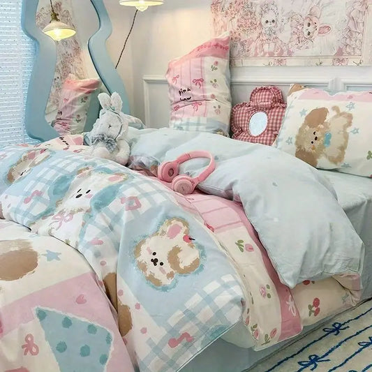 Bedroom with a bed covered in dogs, bunnies and bears themed bedding and pillows.