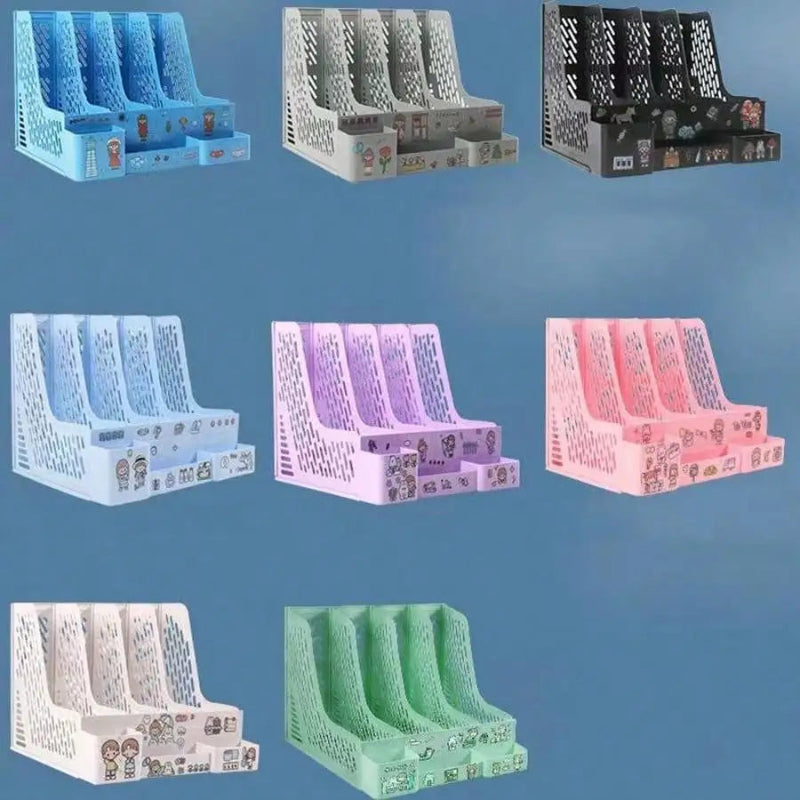 Collection of colorful desk organizers on a blue background