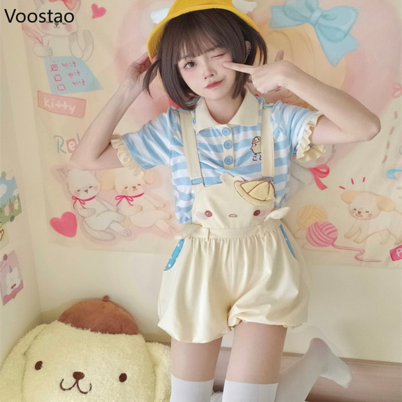 Kawaii Baby Chick Embroidery Overalls Shorts
