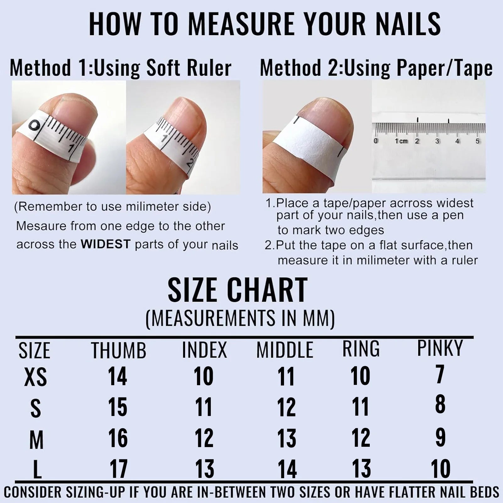 Instructions on how to measure nails using a soft ruler or paper/tape, with a size chart in millimeters.
