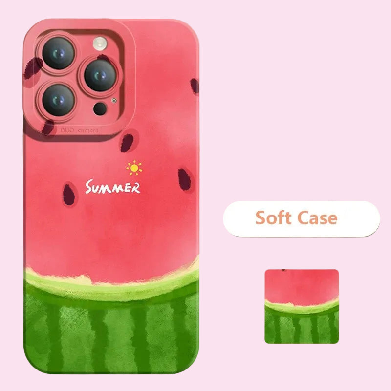 Phone case with watermelon design and 'Summer' text on a beige background
