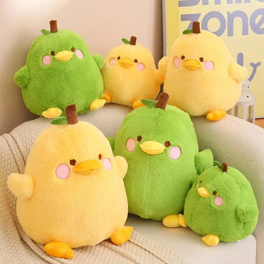 Front view of Kawaii Cute Duck Peak Plushies in green and yellow on a sitting area