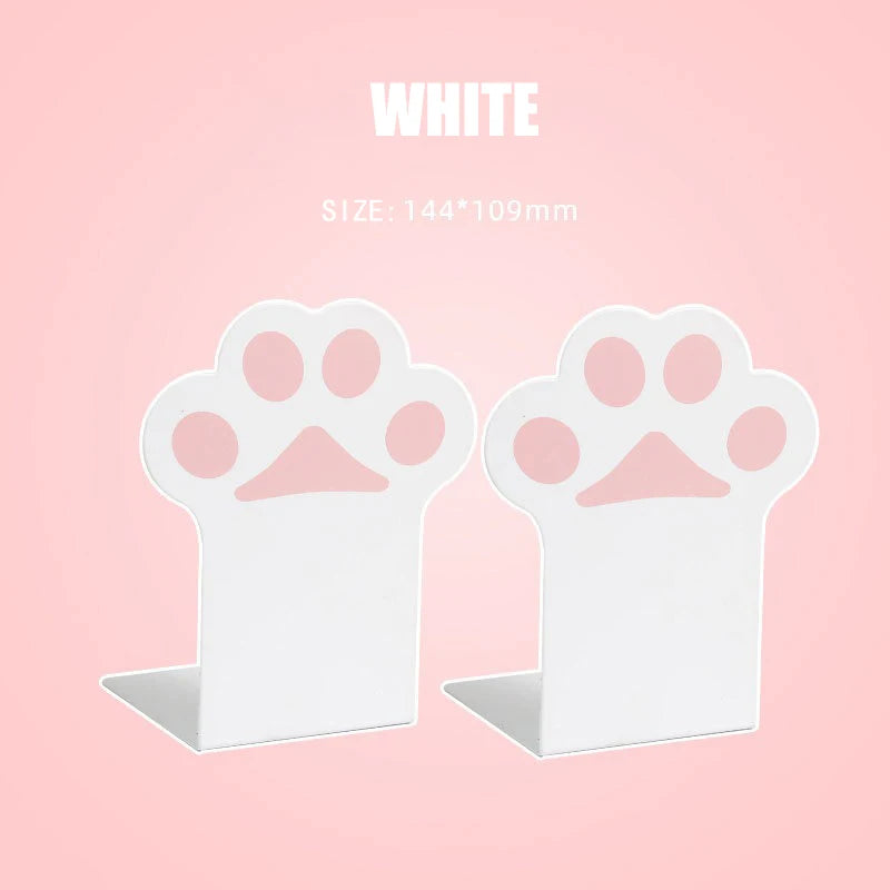 White paw-shaped bookends on a pink background with 'WHITE' and size information.