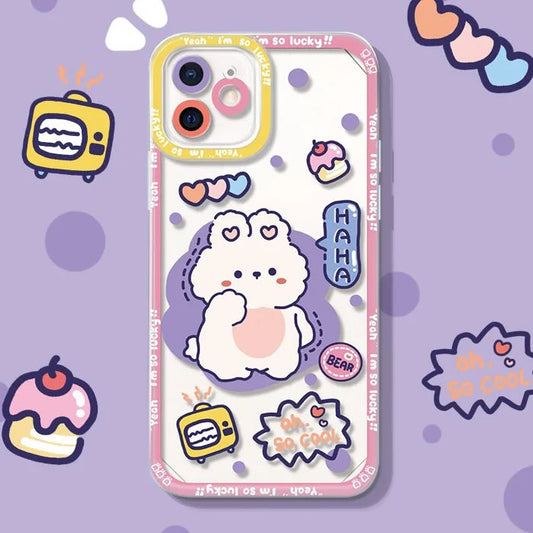 This design has a cute bunny placed in the middle of the phone case with a purple paint splat behind, and a pink rim.