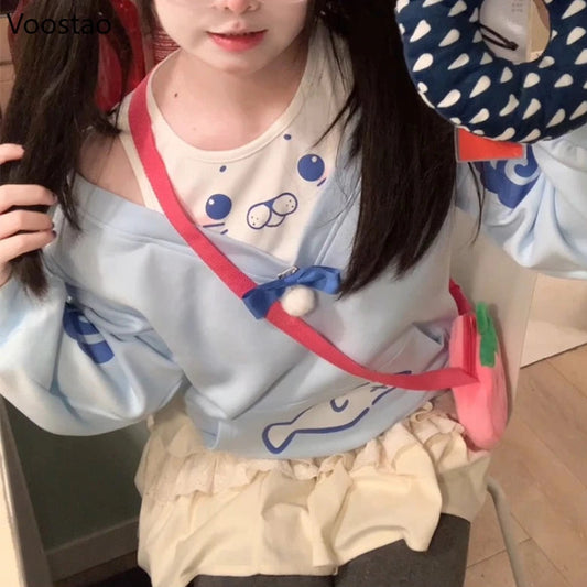Kawaii Blue Seal Two Piece off Shoulder Hoodie with woman