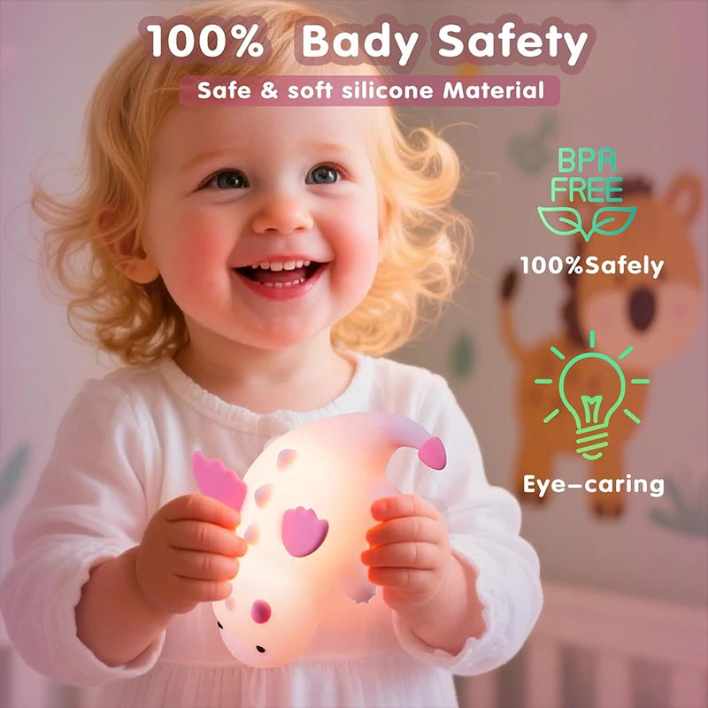 Child holding a soft silicone night light with safety features highlighted.