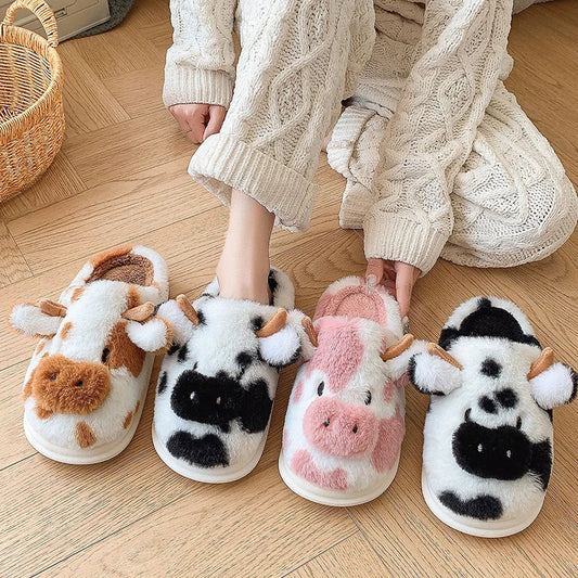 Kawaii Cute Cow Slippers in brown, black and pink colors