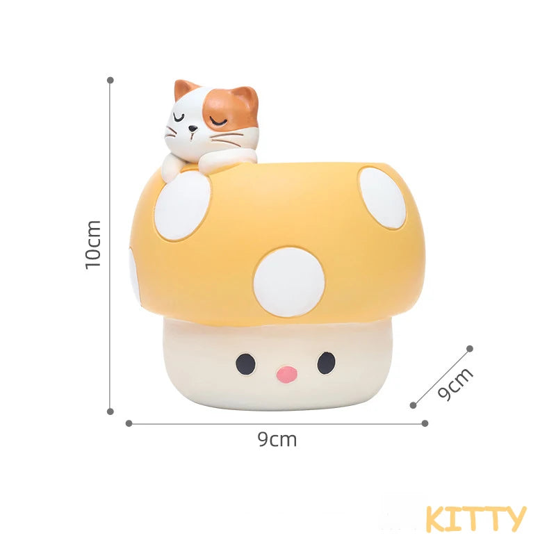 cute mushroom planter with yellow top and sleepy cat figure with dimensions