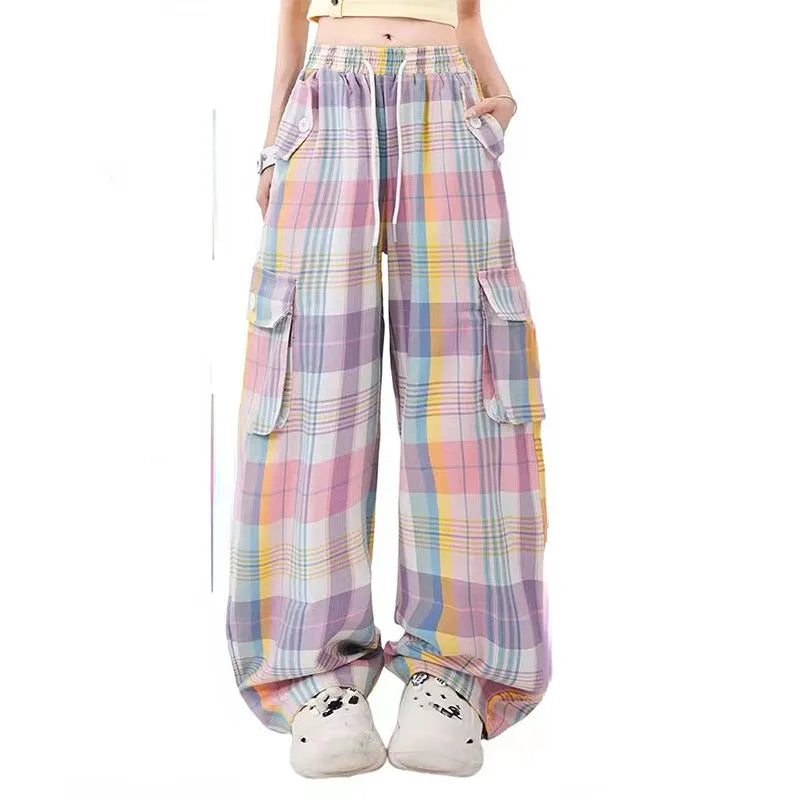 Kawaii Pastel Plaid Cargo Pants