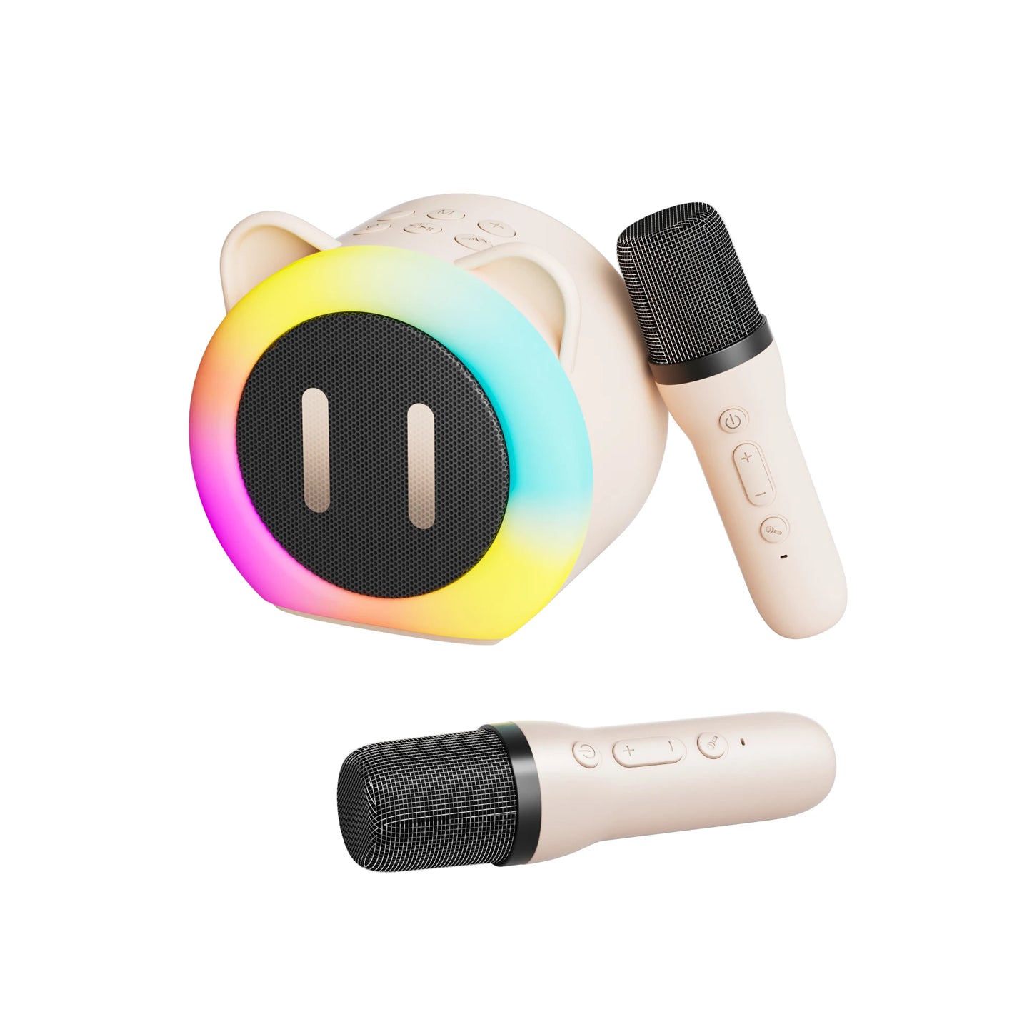 Cute Cat Mini Karaoke Speaker pink edition with two pink microphones next to it on a white background