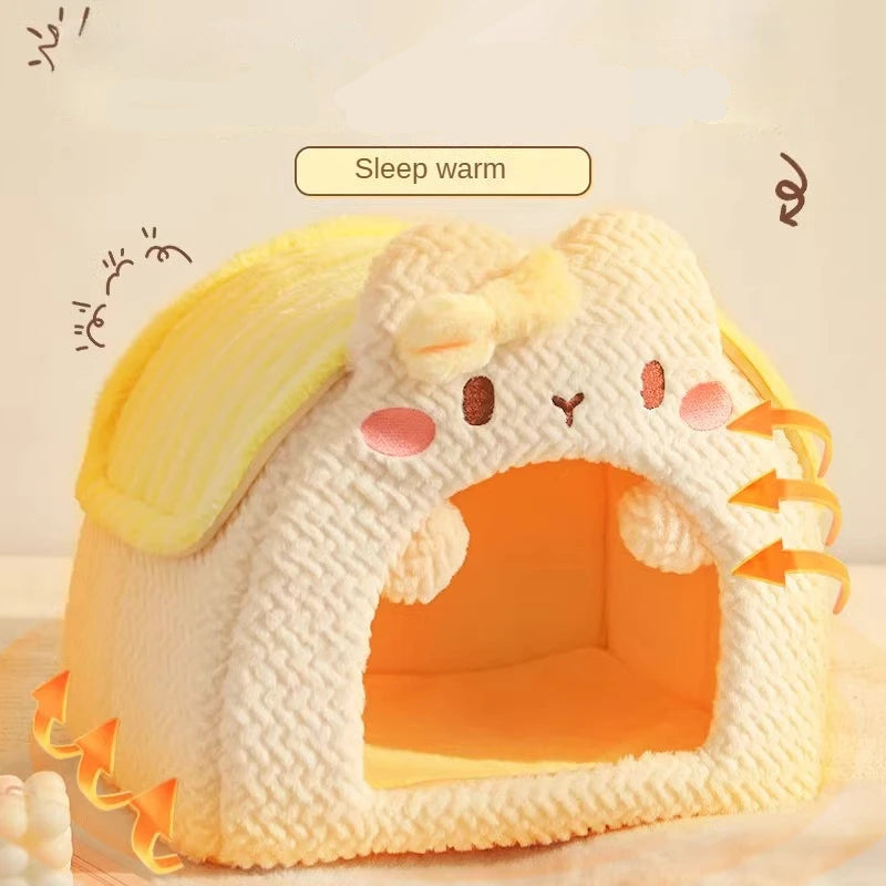 Cute pet house with cartoon face on a beige background, labeled 'Sleep warm'.