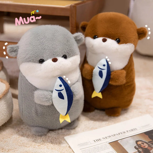 Adorable Kawaii Grey and Brown Otter Plushies holding fish