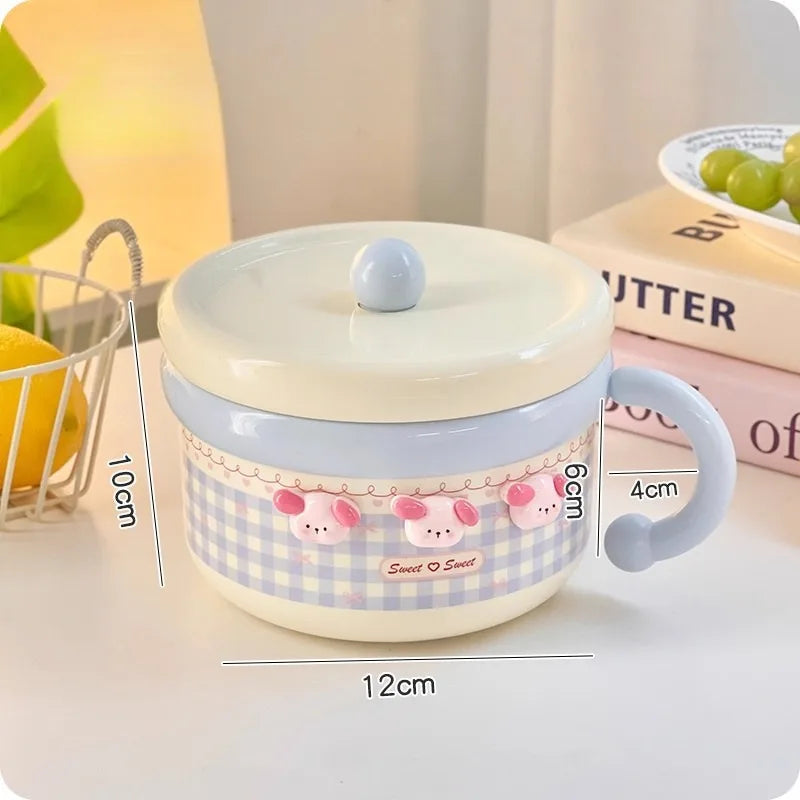 Cute blue ramen bowl with kawaii design and measurements on a light background