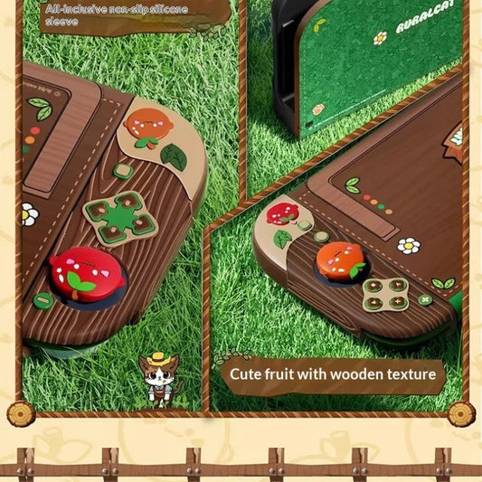 Product packaging with cute fruit designs on a wooden texture, set against a grassy background.