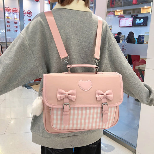 Model Wearing Kawaii Gingham School Bag