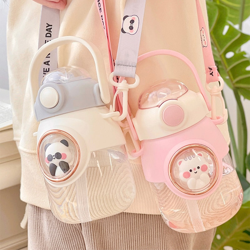 Kawaii Animal Water Bottles With Lid and Straw