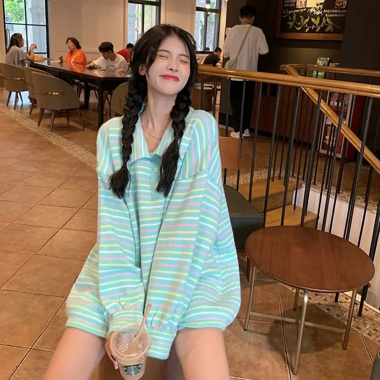 Kawaii Collared Rainbow Striped Sweater
