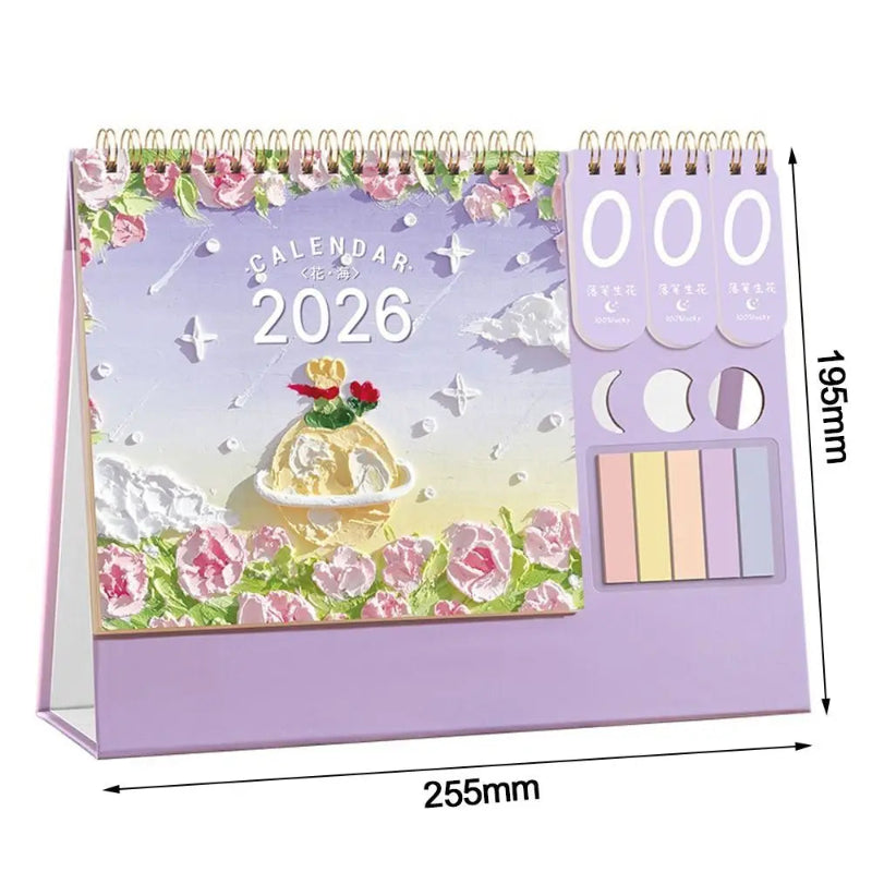 Purple 2026 Desktop Calendar With Sticky Notes showing dimensions