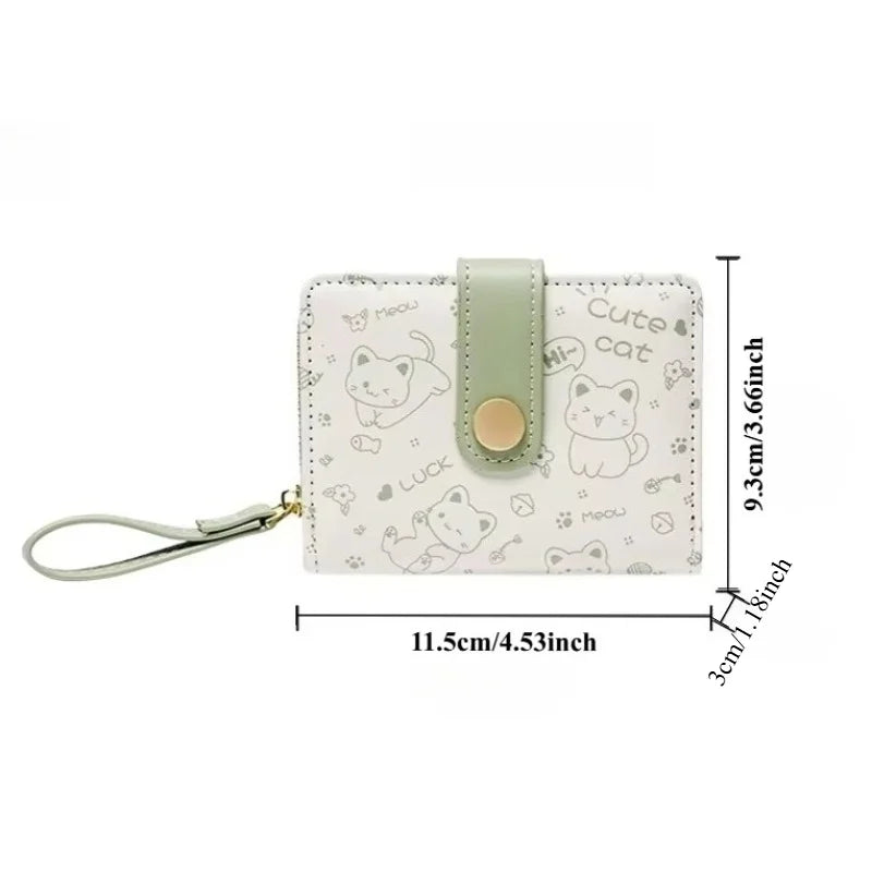 Small cute wallet with cat illustrations and measurements on a white background
