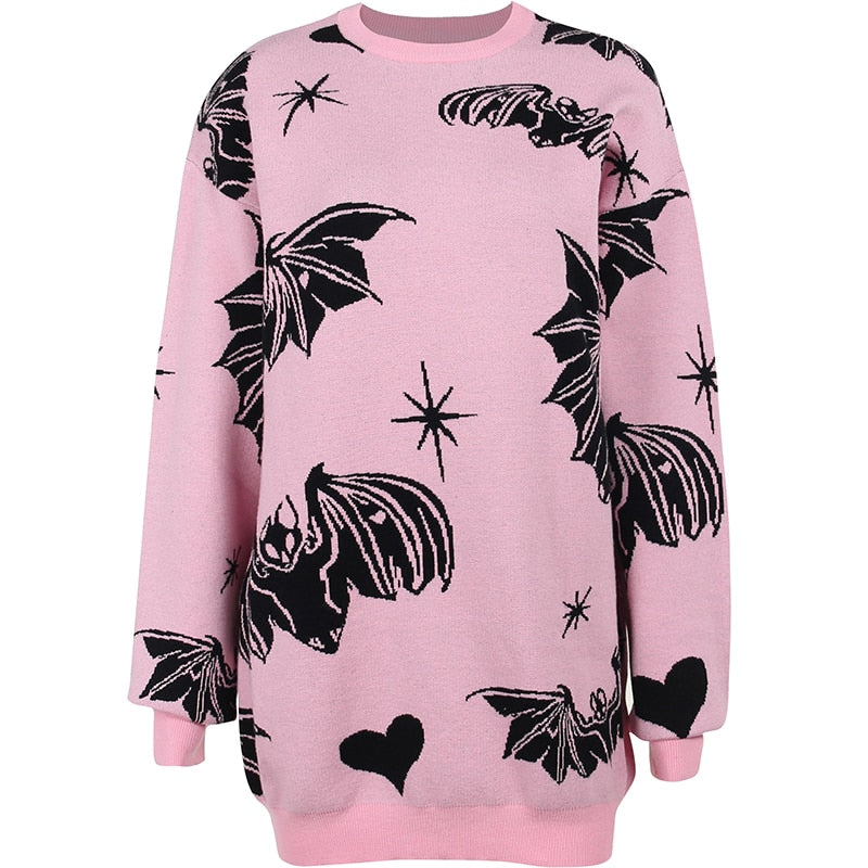 Kawaii Pink Goth Bat Print Sweater
