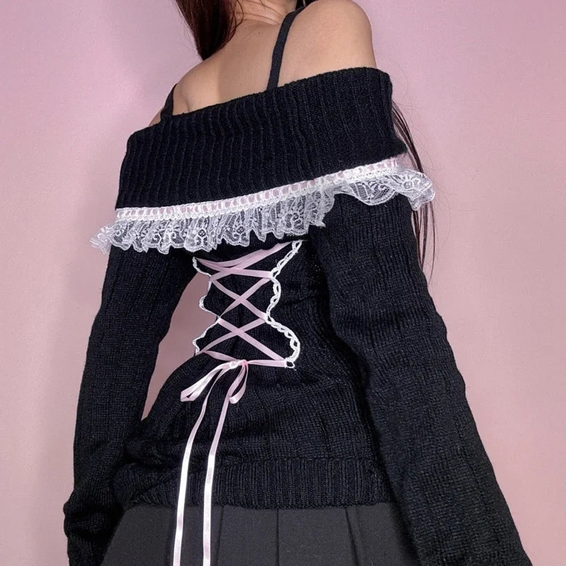 Rear view of a Kawaii Coquette Off Shoulder Ribbon Sweater modeled by a woman in black