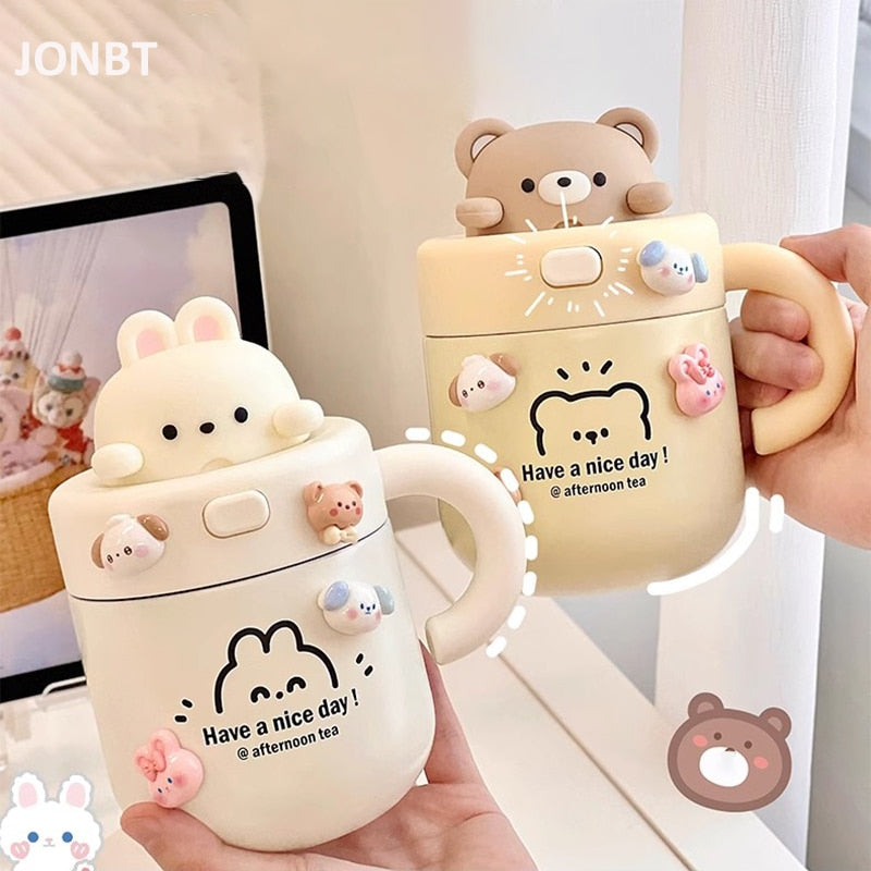 Cute Bear Rabbit Mug Kawaii Straw with Lid Girls Kids Couple