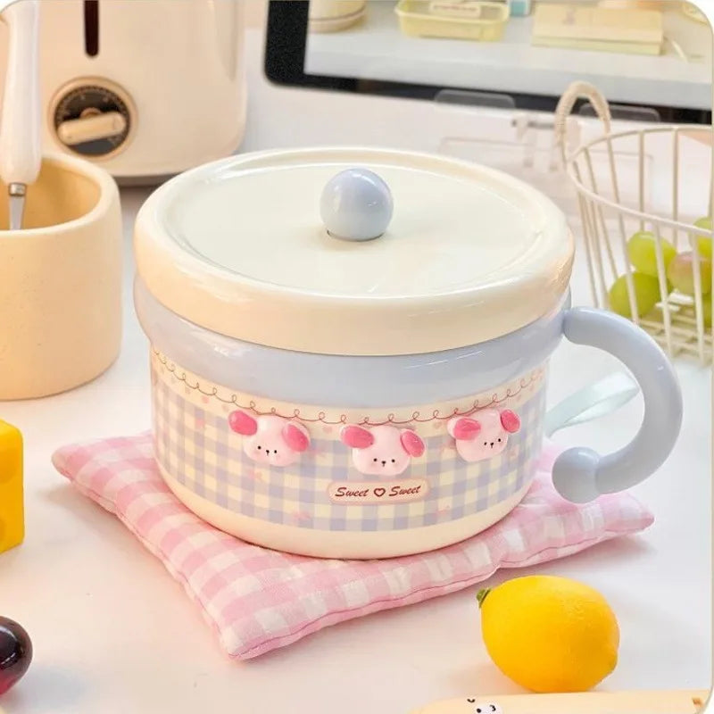 Cute blue ramen bowl with kawaii design on a checkered cushion