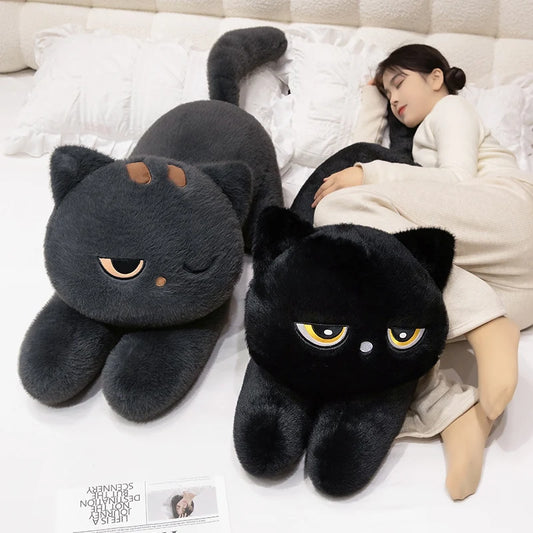 Woman sleeping with gray and black Kawaii sleepy cat body pillow on bed
