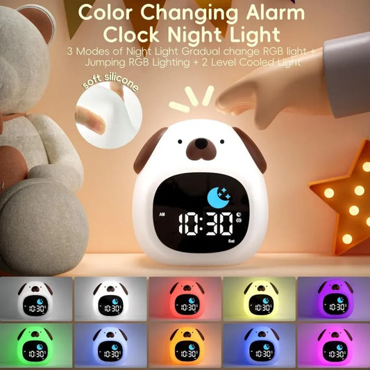 Front view of Kawaii Cute Puppy Night Light Alarm Clock in white showcasing the color changing alarm night light
