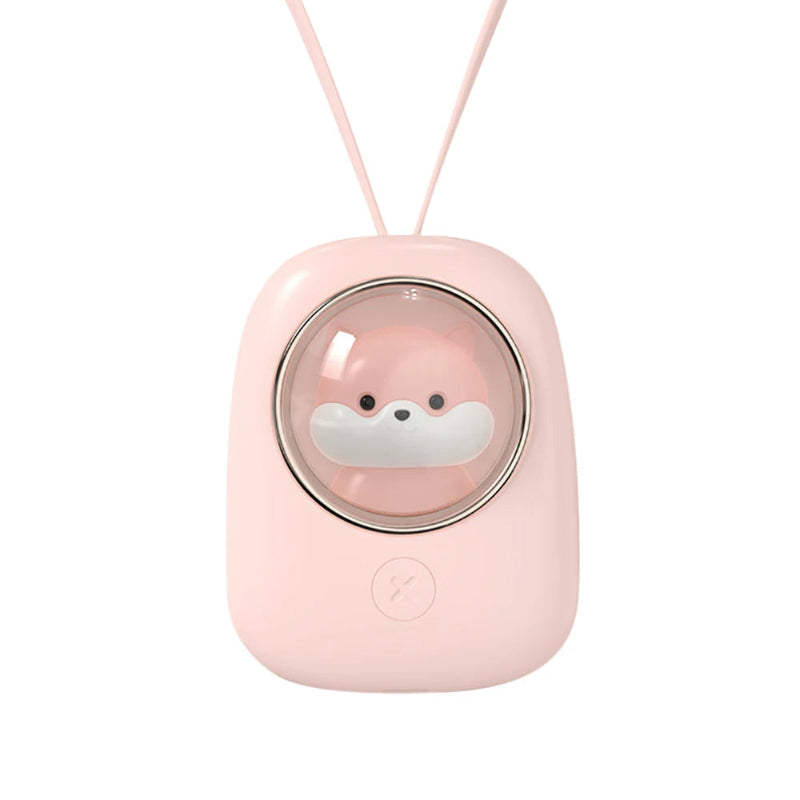 Pink electronic cooling device with a kawaii shiba inu character on a white background