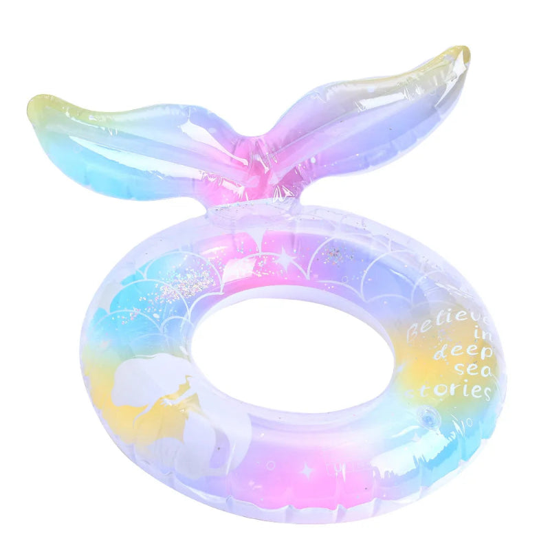 Colorful inflatable ring with mermaid tail design on a white background
