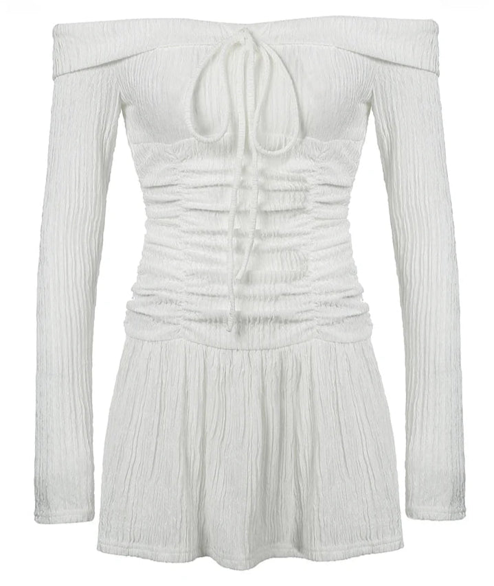 White off-shoulder dress with long sleeves on a white background