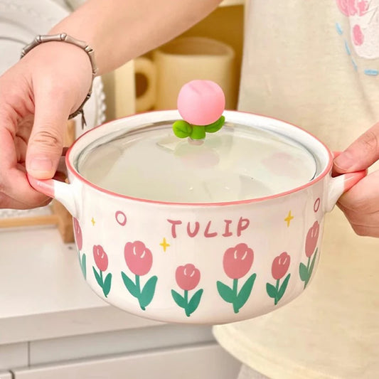 Kawaii pink Flower Ramen Bowl featuring the bowl and glass lid