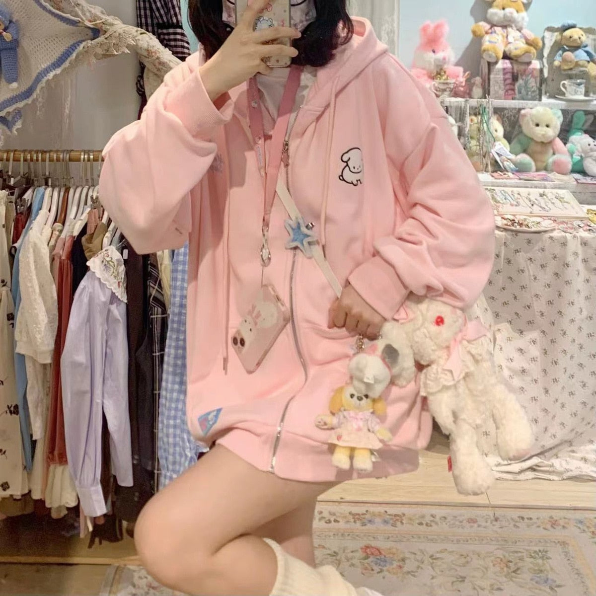 Kawaii Fleece Zip Up Hoodie in Pink