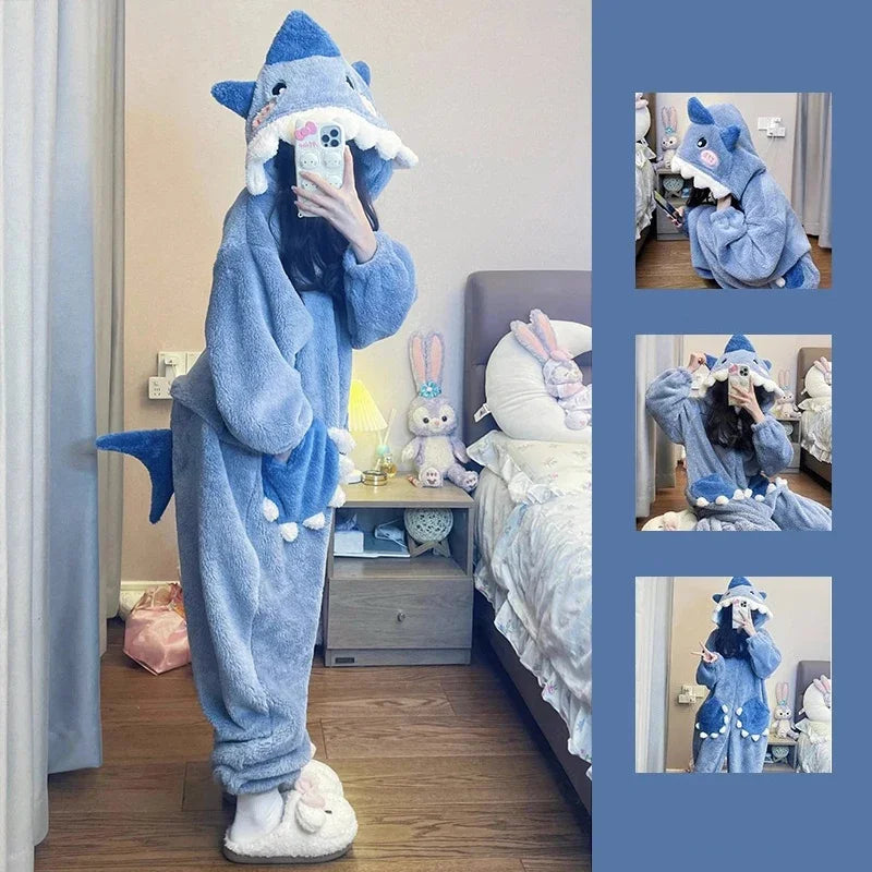 Person wearing a blue shark onesie in a bedroom setting with additional images of the onesie.
