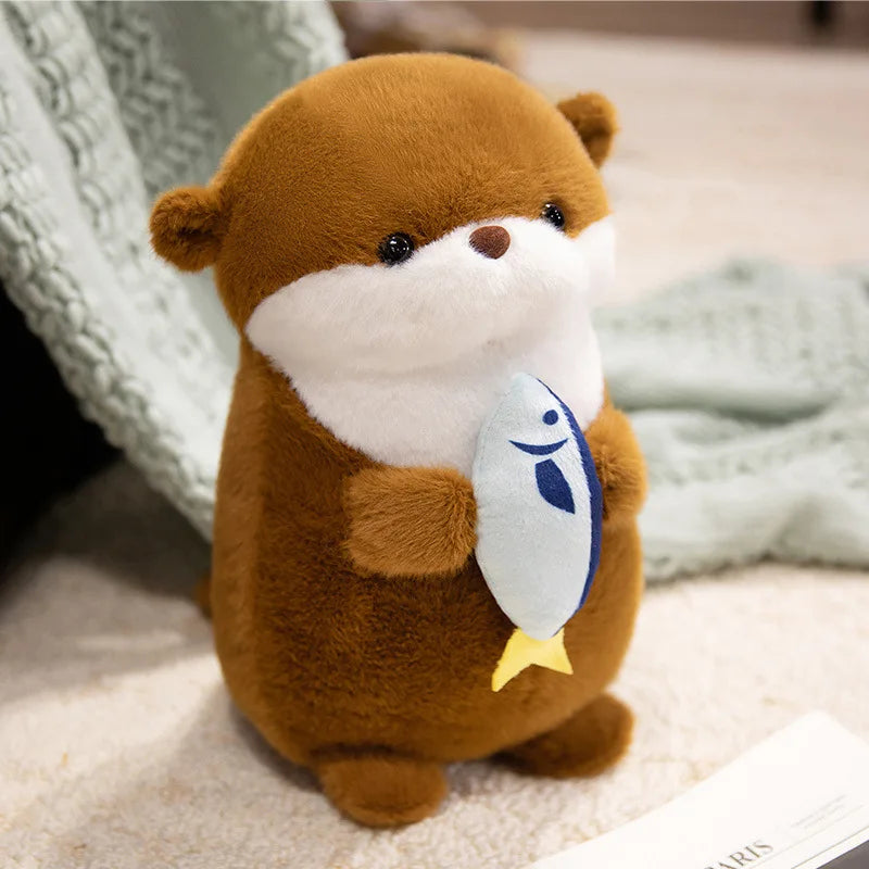 Adorable Kawaii Brown Otter Plushie holding fish