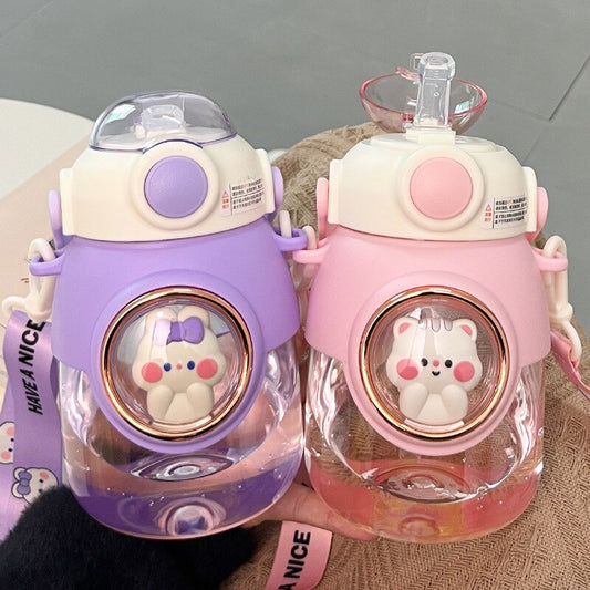 Kawaii Animal Water Bottles With Lid and Straw