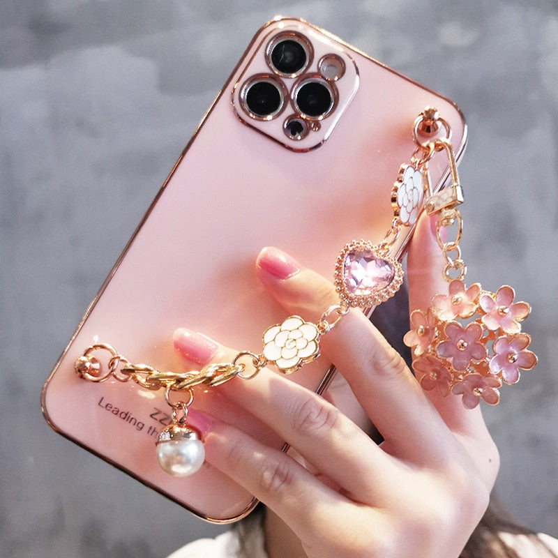 Kawaii Pink Gem and Flower Pendant Phone Case